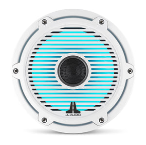 JL AUDIO M6 7.7-inch Marine Coaxial Speakers with Transflective  LED Lighting for Infinite-Baffle Use (100 W, 4 Ohms) - Gloss White Trim Ring, Gloss White Classic Grille